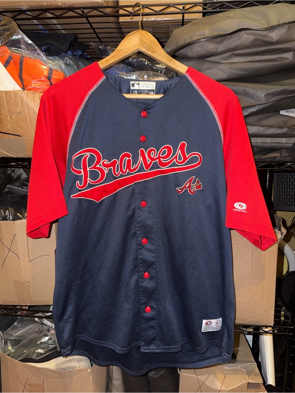 Atlanta Braves True Fan Navy Blue / Red Baseball A’s Jersey Men’s Large